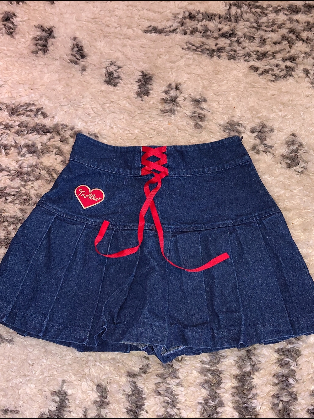 Dark Denim Skater Skorts with Red Lace-Up & Heart Patch